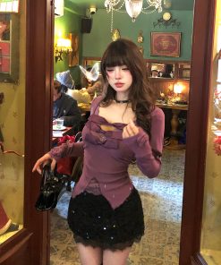 Lace Embroidery Knitted Sweater for Women - Hot Girl V-Neck Long Sleeve Slim Fit Top in Purple for Autumn Winter Fashion