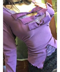 Lace Embroidery Knitted Sweater for Women - Hot Girl V-Neck Long Sleeve Slim Fit Top in Purple for Autumn Winter Fashion