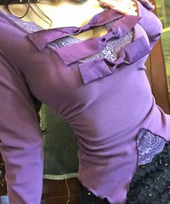 Lace Embroidery Knitted Sweater for Women - Hot Girl V-Neck Long Sleeve Slim Fit Top in Purple for Autumn Winter Fashion