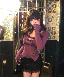 Lace Embroidery Knitted Sweater for Women - Hot Girl V-Neck Long Sleeve Slim Fit Top in Purple for Autumn Winter Fashion