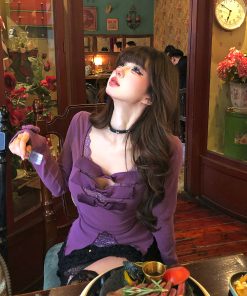 Lace Embroidery Knitted Sweater for Women - Hot Girl V-Neck Long Sleeve Slim Fit Top in Purple for Autumn Winter Fashion