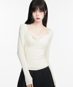 Lace Faux Two-Piece Long Sleeve T-Shirt for Women - Elegant Slim Fit, Spring Autumn Style, High-End Feel, Chic Layering Piece