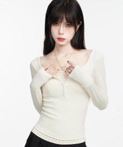 Lace Faux Two-Piece Long Sleeve T-Shirt for Women - Elegant Slim Fit, Spring Autumn Style, High-End Feel, Chic Layering Piece