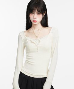 Lace Faux Two-Piece Long Sleeve T-Shirt for Women - Elegant Slim Fit, Spring Autumn Style, High-End Feel, Chic Layering Piece