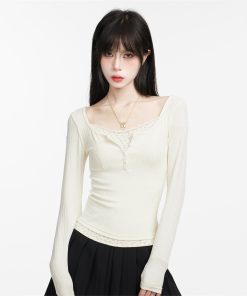 Lace Faux Two-Piece Long Sleeve T-Shirt for Women - Elegant Slim Fit, Spring Autumn Style, High-End Feel, Chic Layering Piece