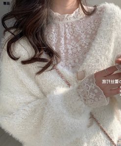 Lace Fleece Mesh Undershirt - Stylish Autumn Winter Half-High Collar White Long Sleeve Top for Women - Y2K Fashion
