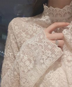 Lace Fleece Mesh Undershirt - Stylish Autumn Winter Half-High Collar White Long Sleeve Top for Women - Y2K Fashion