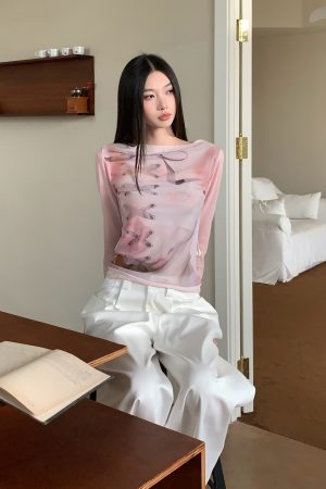 Lace Mesh Contrast Layered T-Shirt with Thin Sheer Design and Sun Protection - Ballet Skin Style