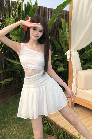 Lace One-Shoulder Dress for Women - French Vacation Style, Fitted Waist, Sleeveless Tank, Summer Short Skirt, Elegant Aesthetic