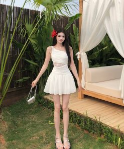 Lace One-Shoulder Dress for Women - French Vacation Style, Fitted Waist, Sleeveless Tank, Summer Short Skirt, Elegant Aesthetic