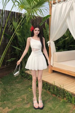 Lace One-Shoulder Dress for Women - French Vacation Style, Fitted Waist, Sleeveless Tank, Summer Short Skirt, Elegant Aesthetic