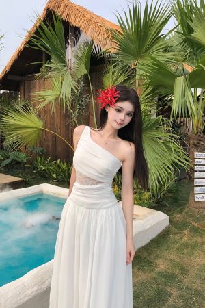 Lace One-Shoulder Dress for Women - French Vacation Style, Fitted Waist, Sleeveless Tank, Summer Short Skirt, Elegant Aesthetic