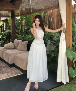 Lace One-Shoulder Dress for Women - French Vacation Style, Fitted Waist, Sleeveless Tank, Summer Short Skirt, Elegant Aesthetic