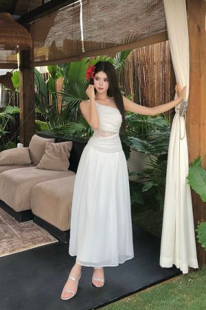 Lace One-Shoulder Dress for Women - French Vacation Style, Fitted Waist, Sleeveless Tank, Summer Short Skirt, Elegant Aesthetic