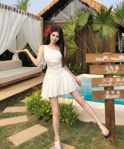 Lace One-Shoulder Dress for Women - French Vacation Style, Fitted Waist, Sleeveless Tank, Summer Short Skirt, Elegant Aesthetic