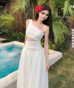 Lace One-Shoulder Dress for Women - French Vacation Style, Fitted Waist, Sleeveless Tank, Summer Short Skirt, Elegant Aesthetic
