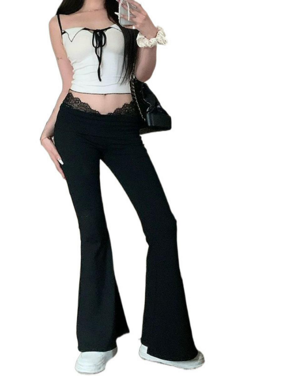 Lace Patchwork High-Waisted Slimming Yoga Flared Pants for Women - Casual Autumn Winter Draped Long Trousers Lace Patchwork High-Waisted Slimming Yoga Flared Pants for Women - Casual Autumn Winter Draped Long Trousers