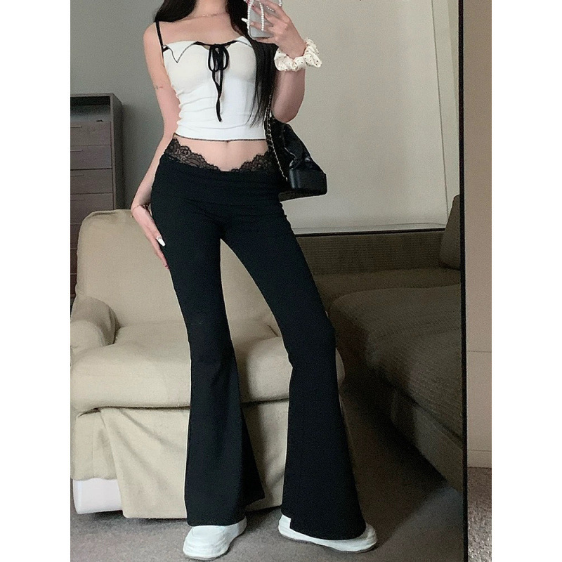 Lace Patchwork High-Waisted Slimming Yoga Flared Pants for Women - Casual Autumn Winter Draped Long Trousers Lace Patchwork High-Waisted Slimming Yoga Flared Pants for Women - Casual Autumn Winter Draped Long Trousers