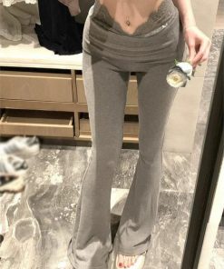 Lace Patchwork High-Waisted Slimming Yoga Flared Pants for Women - Casual Autumn Winter Draped Long Trousers