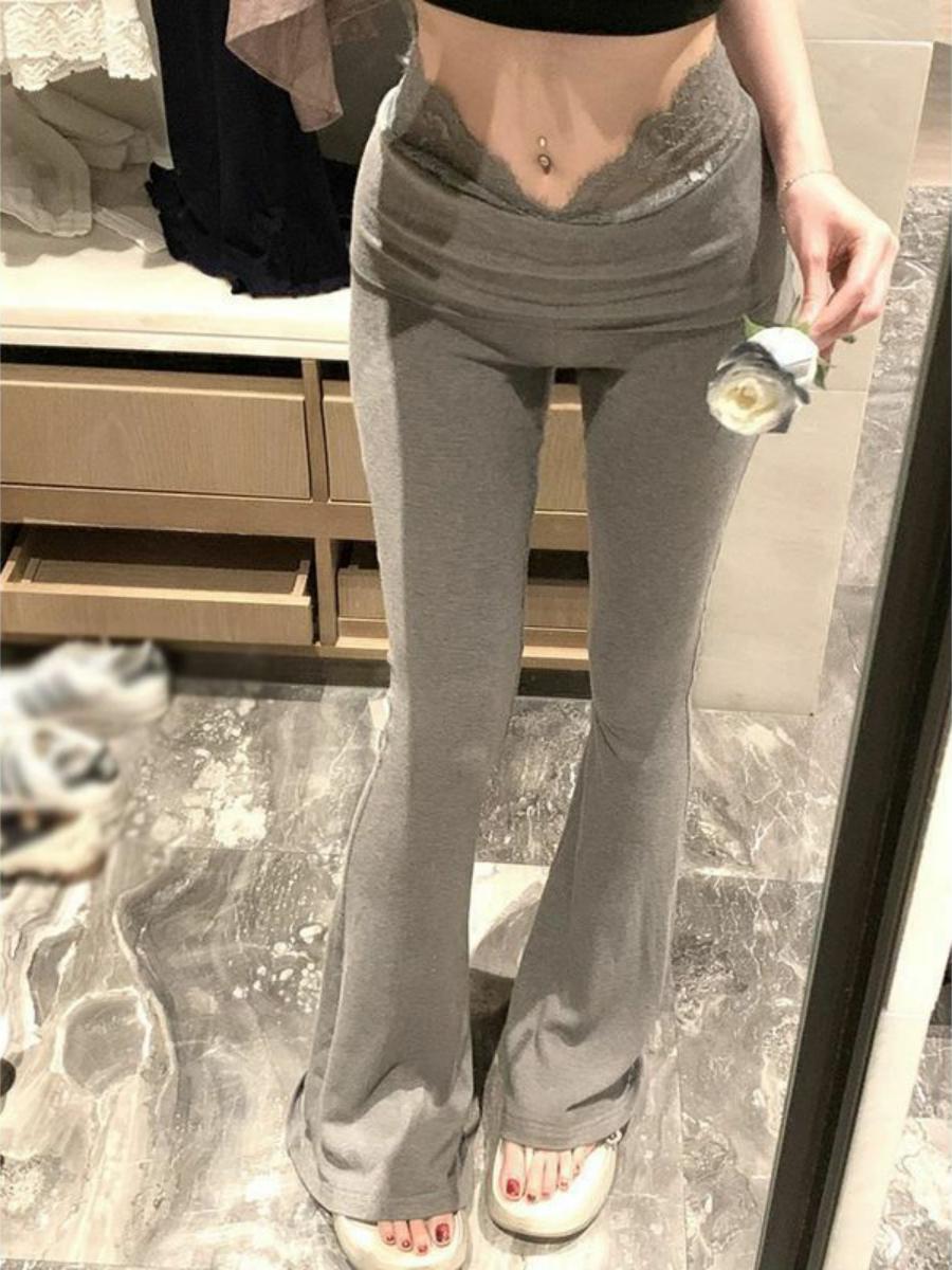 Lace Patchwork High-Waisted Slimming Yoga Flared Pants for Women - Casual Autumn Winter Draped Long Trousers Lace Patchwork High-Waisted Slimming Yoga Flared Pants for Women - Casual Autumn Winter Draped Long Trousers