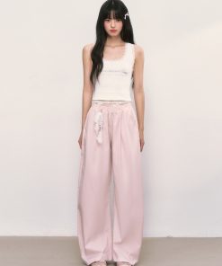 Lace Spliced Double Waistband Casual Pants for Women - Trendy Curved Long Pants for Summer 2025, Y2K Style