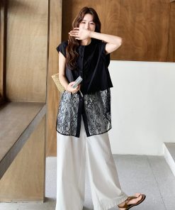 Lace Splicing Top and Wide-Leg Pants Set for Women, Exquisite Korean Style Casual Two-Piece Outfit - Summer 2025 Fashion