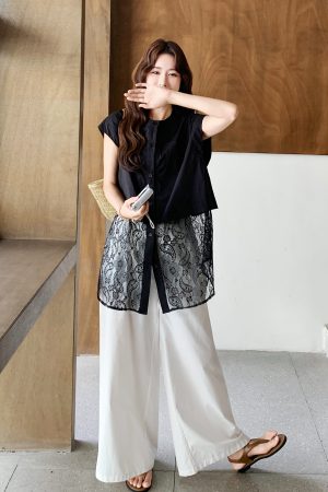 Lace Splicing Top and Wide-Leg Pants Set for Women, Exquisite Korean Style Casual Two-Piece Outfit - Summer 2025 Fashion