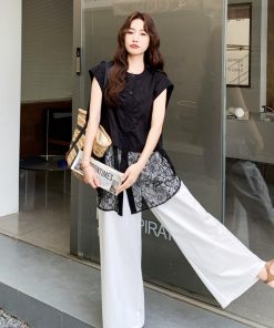 Lace Splicing Top and Wide-Leg Pants Set for Women, Exquisite Korean Style Casual Two-Piece Outfit - Summer 2025 Fashion