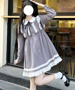 Lace Trim Doll Collar Long Sleeve Dress in Pudding Bear Style - Spring Autumn College Fashion for a Cute 90s Look