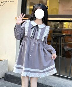 Lace Trim Doll Collar Long Sleeve Dress in Pudding Bear Style - Spring Autumn College Fashion for a Cute 90s Look