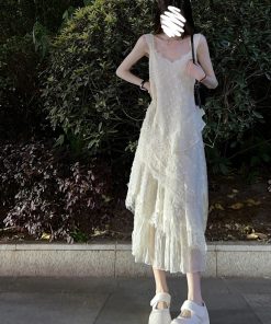 Lace Trim Spliced White Camisole Dress - Slim Fit Fairy Style Long Dress for Spring and Summer, Trendy Niche Fashion
