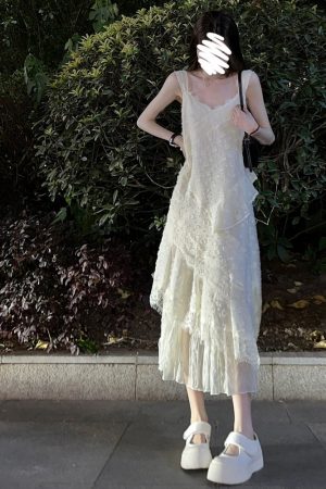 Lace Trim Spliced White Camisole Dress - Slim Fit Fairy Style Long Dress for Spring and Summer, Trendy Niche Fashion