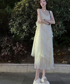 Lace Trim Spliced White Camisole Dress - Slim Fit Fairy Style Long Dress for Spring and Summer, Trendy Niche Fashion