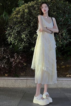 Lace Trim Spliced White Camisole Dress - Slim Fit Fairy Style Long Dress for Spring and Summer, Trendy Niche Fashion