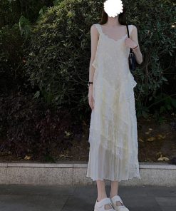 Lace Trim Spliced White Camisole Dress - Slim Fit Fairy Style Long Dress for Spring and Summer, Trendy Niche Fashion