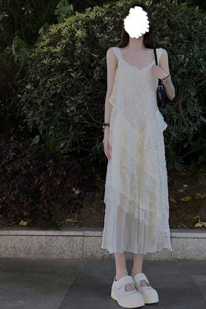 Lace Trim Spliced White Camisole Dress - Slim Fit Fairy Style Long Dress for Spring and Summer, Trendy Niche Fashion
