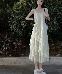 Lace Trim Spliced White Camisole Dress - Slim Fit Fairy Style Long Dress for Spring and Summer, Trendy Niche Fashion