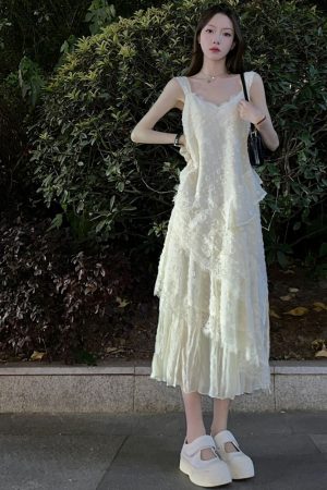 Lace Trim Spliced White Camisole Dress - Slim Fit Fairy Style Long Dress for Spring and Summer, Trendy Niche Fashion