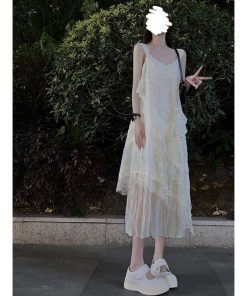 Lace Trim Spliced White Camisole Dress - Slim Fit Fairy Style Long Dress for Spring and Summer, Trendy Niche Fashion