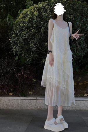 Lace Trim Spliced White Camisole Dress - Slim Fit Fairy Style Long Dress for Spring and Summer, Trendy Niche Fashion