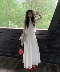 Lace-Trimmed Sleeveless Halter Top & Long Skirt Two-Piece Set - French Style Summer Fashion Trend for Women