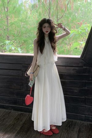 Lace-Trimmed Sleeveless Halter Top & Long Skirt Two-Piece Set - French Style Summer Fashion Trend for Women