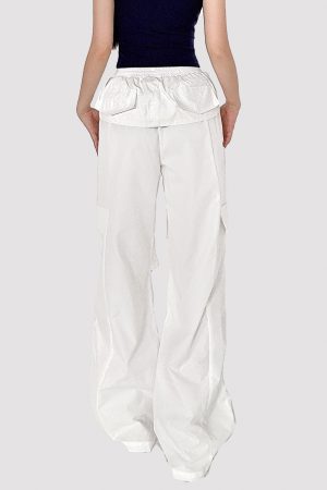 Lace-Up White Cargo Pants for Women - American Street Style, Elastic Waist, Loose Slim Fit, Casual Sports Dancewear