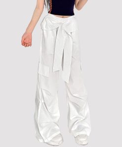 Lace-Up White Cargo Pants for Women - American Street Style, Elastic Waist, Loose Slim Fit, Casual Sports Dancewear