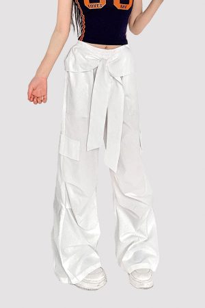 Lace-Up White Cargo Pants for Women - American Street Style, Elastic Waist, Loose Slim Fit, Casual Sports Dancewear
