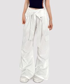 Lace-Up White Cargo Pants for Women - American Street Style, Elastic Waist, Loose Slim Fit, Casual Sports Dancewear