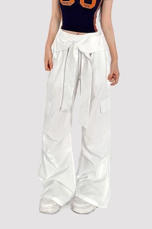 Lace-Up White Cargo Pants for Women - American Street Style, Elastic Waist, Loose Slim Fit, Casual Sports Dancewear