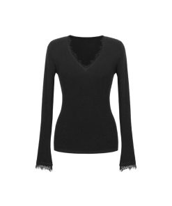 Lace V-Neck Base Layer T-Shirt for Women - Slim Fit Velvet Top in Light Oxygen - Trendy 90s-Inspired Fashion Essential