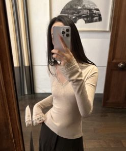 Lace V-Neck Base Layer T-Shirt for Women - Slim Fit Velvet Top in Light Oxygen - Trendy 90s-Inspired Fashion Essential