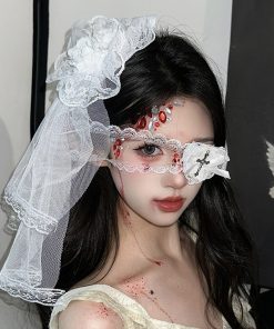 Lace Veil Hairpin and Gothic Rose Bell Necklace Set - Halloween Hair Accessories for Girls, Lolita Cosplay, and Eye Mask Style